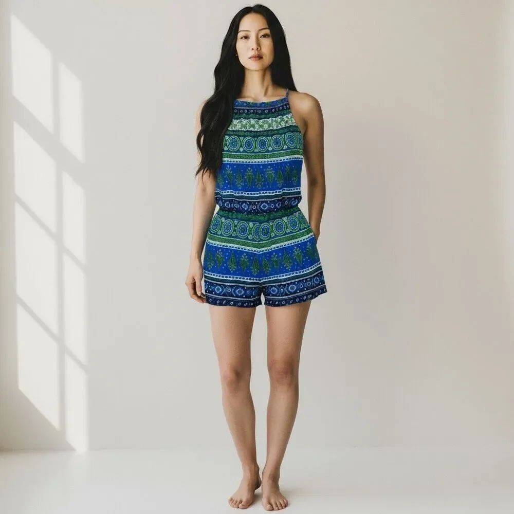 NWT Blue Green White Paisley Sleeveless Adjustable Spaghetti Strap Romper M